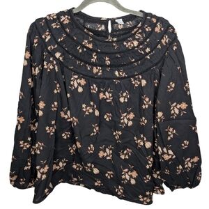 Old Navy Black Floral Peasant Blouse Long Sleeve Lace Trim Size Large